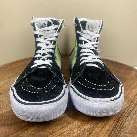 Vans Sk8 Hi Flame Black Mens White Green Flames Fire Size 9.5 High Top Shoes - Picture 4 of 9